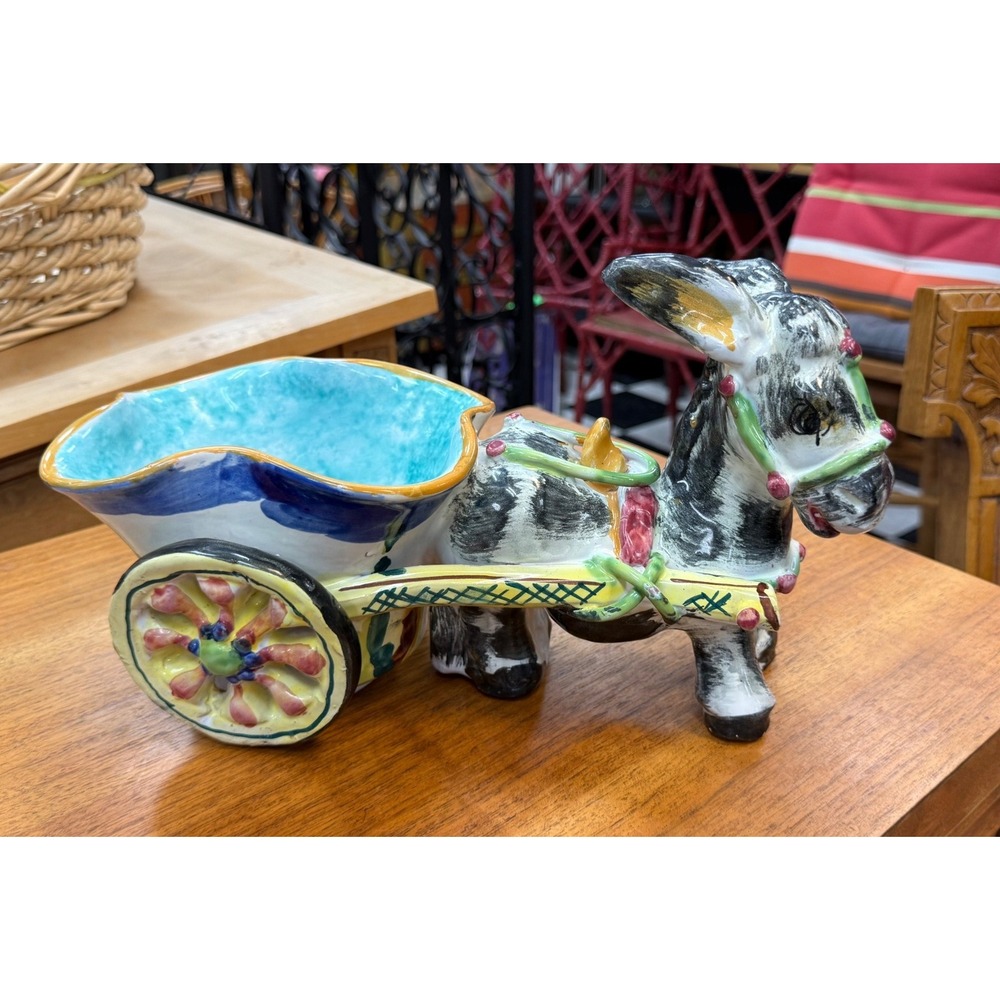 Vintage Italian Pottery Donkey and Cart Planter Hand Painted Italy Ceramic